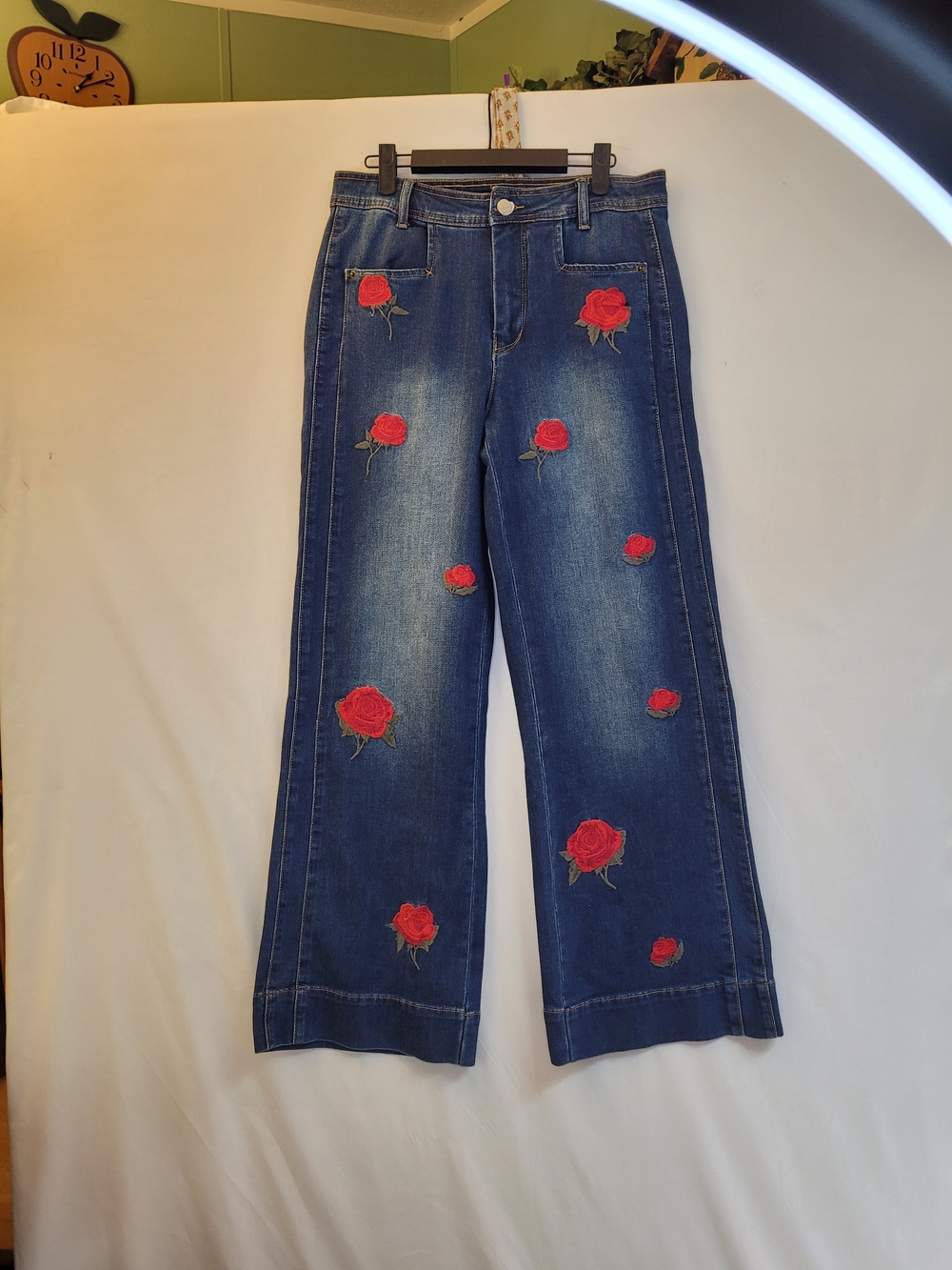 Oli & Hali Blue Straight-Leg Jeans with Red Rose Embroidery